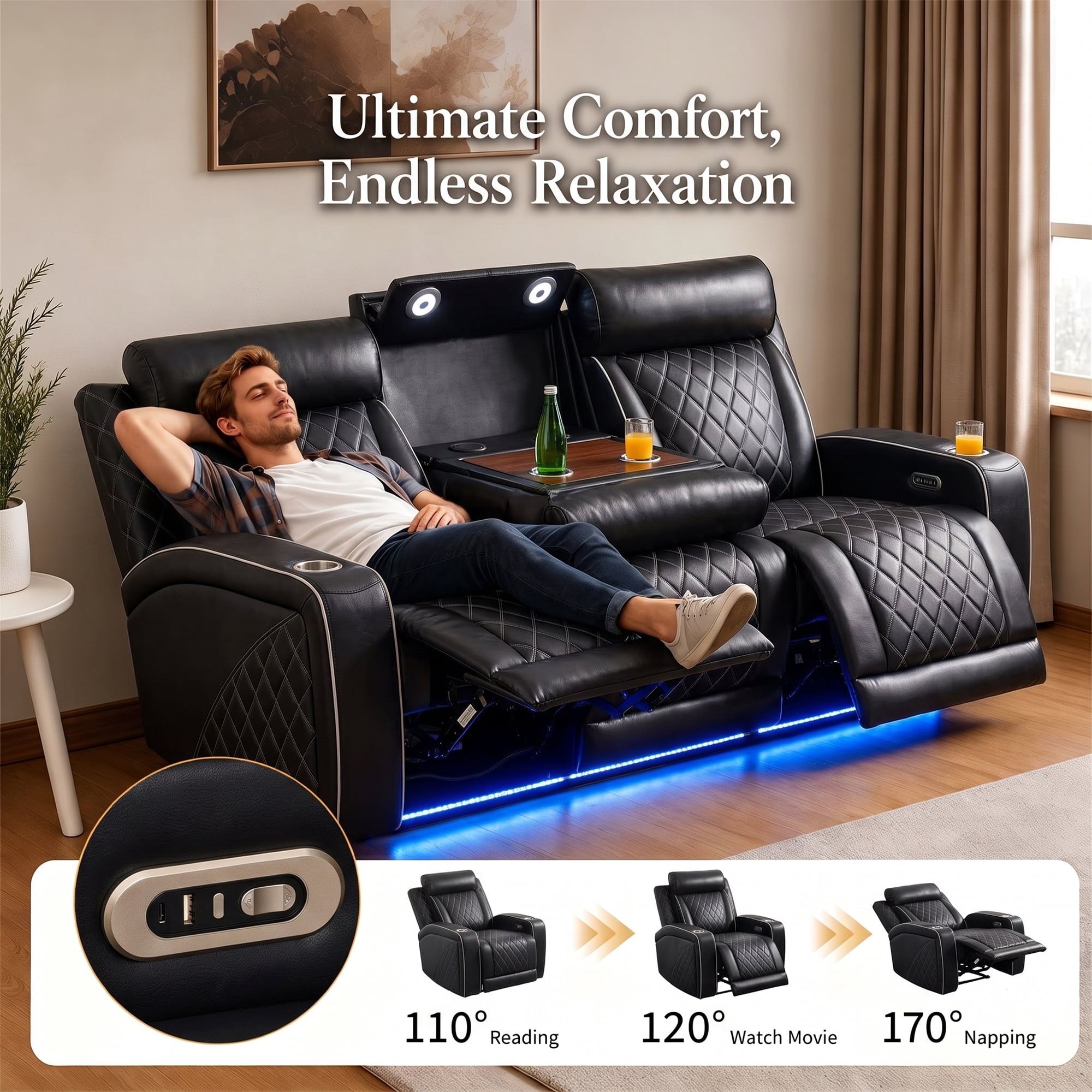 Aukfa Power Recliner 3 Seat RV Sofa with USB & Wireless Charging, Cup Holders Console & LED Lighting, Home Theater Seating for Living Room, PU Leather, Black