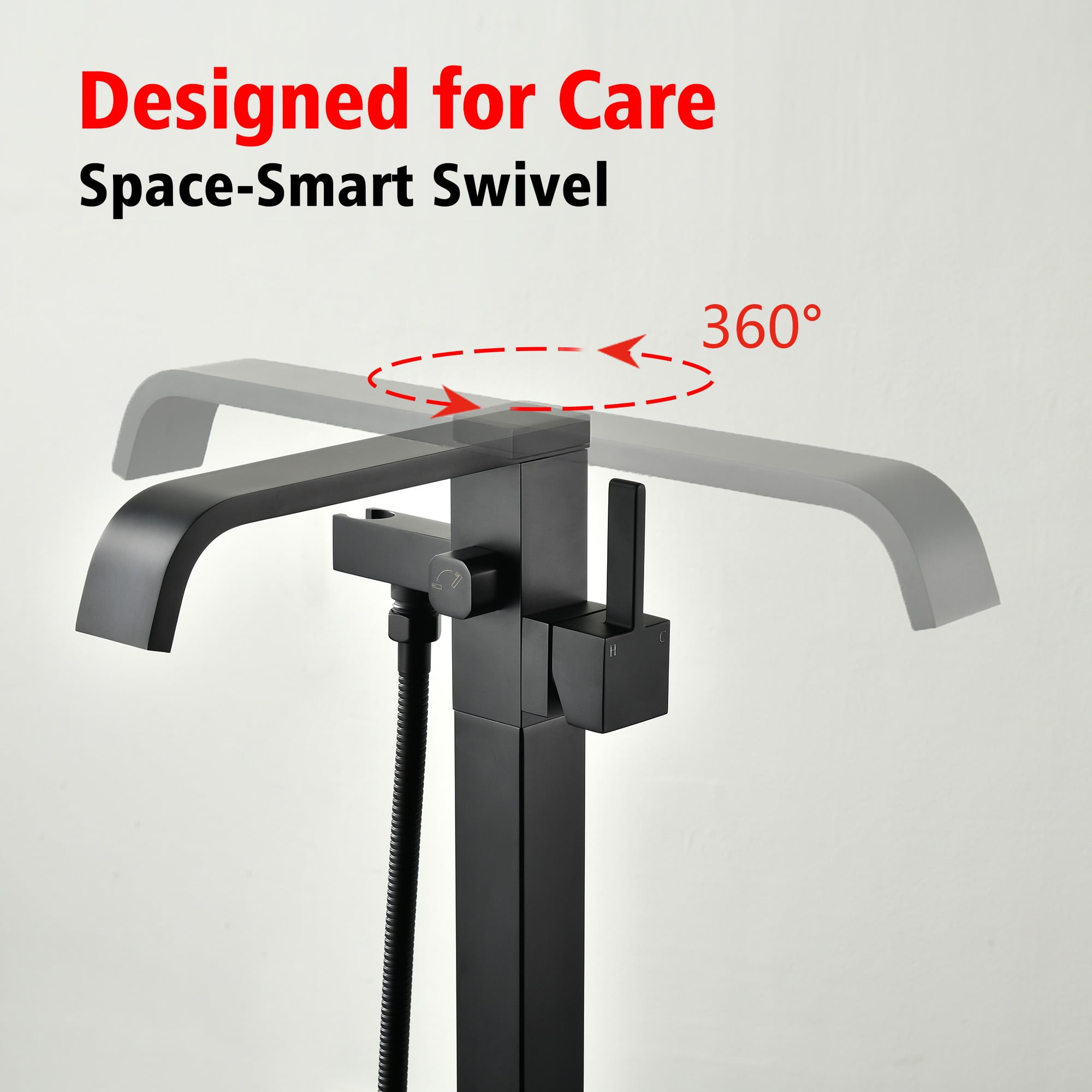 SUMERAIN Matte Black Bathroom Freestanding Tub Faucet, Modern Waterfall Floor Mount Bathtub Faucet with Hand Shower, High Flow