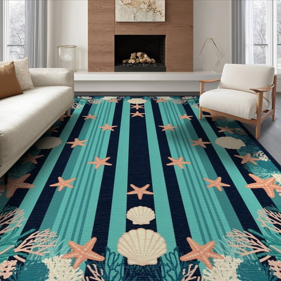 ODIKA 8'x10' Washable Area Rug Non-Shedding, Easy Care, Striped Coral Reef Starfish Seashell Border Nautical Motifs Marine Flowing for King Size Bedroom Under Bed, Master Suite