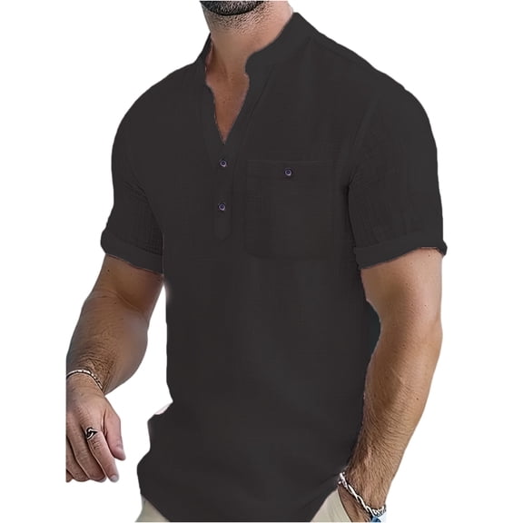 Yifymode Men's Mandarin Collar Linen Henley Shirt, Short Sleeve Chest Pocket Comfort Casual Top Black L