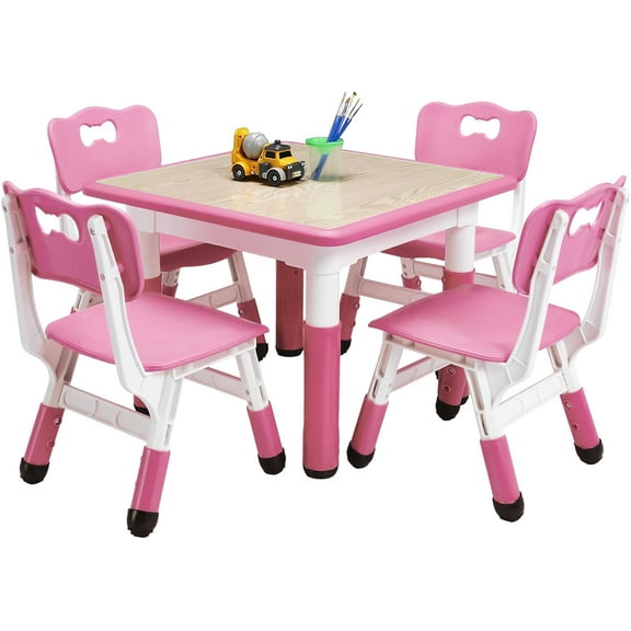 Rugerasy Table and Chairs Set for Ages 2-10, Height Adjustable Desk with 4 Seats,Arts & Crafts Table,Graffiti Desktop, Non-Slip Legs, Max 300lbs, Children Multi-Activity Table for Classrooms,Daycares