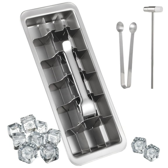 Stainless Steel Ice Cube Trays,18-Slot Metal Ice Cube Trays for Freezer,Quick Release Ice Trays with Handle,Quality Metal Ice Mold with Ice Tong and Hammer for Home Kitchen