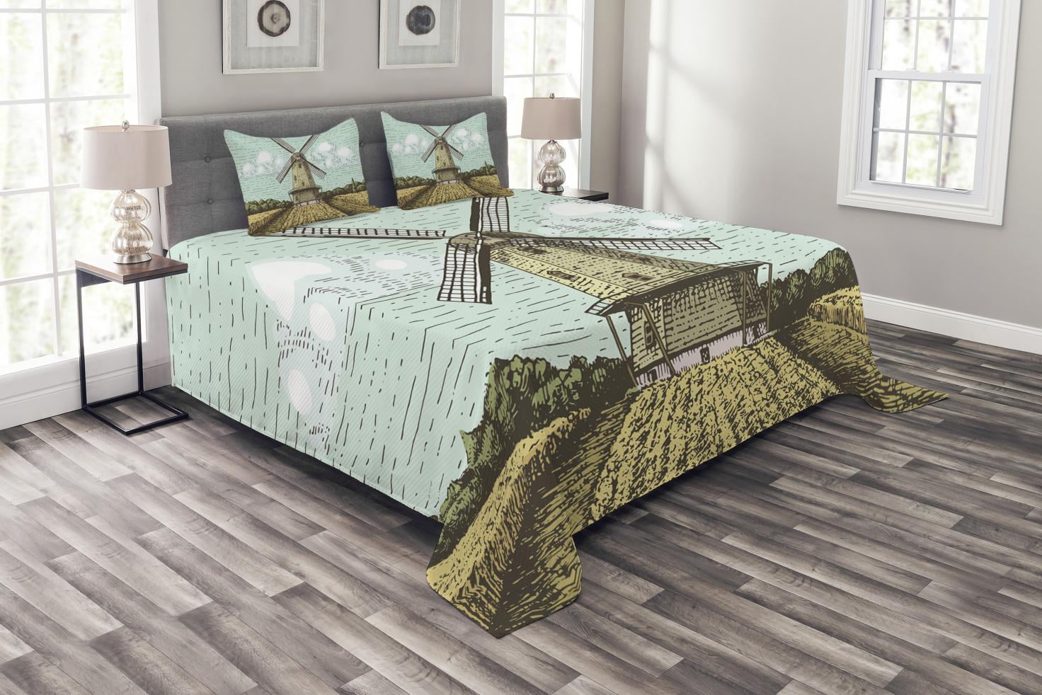 Dutch Bedspread Set King Size, Hand Drawn Style Windmill in a Farmland