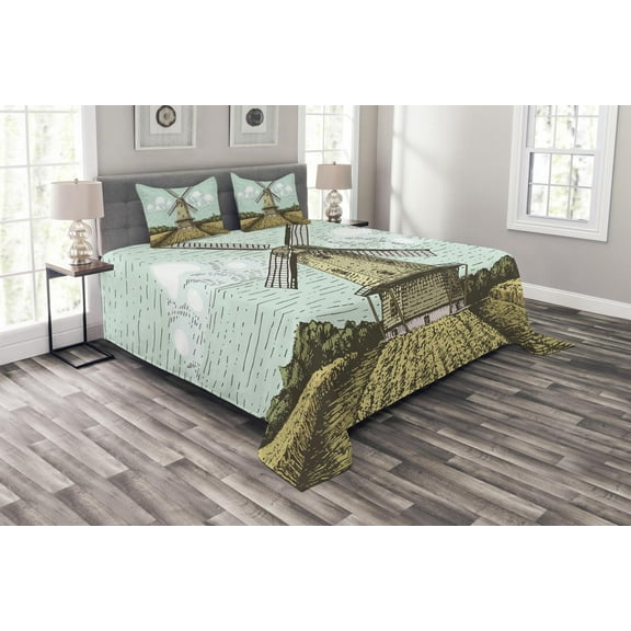 Ambesonne Dutch Quilted Bedspread Set 3 Pcs, Windmill and Farmland, King Size, Multicolor