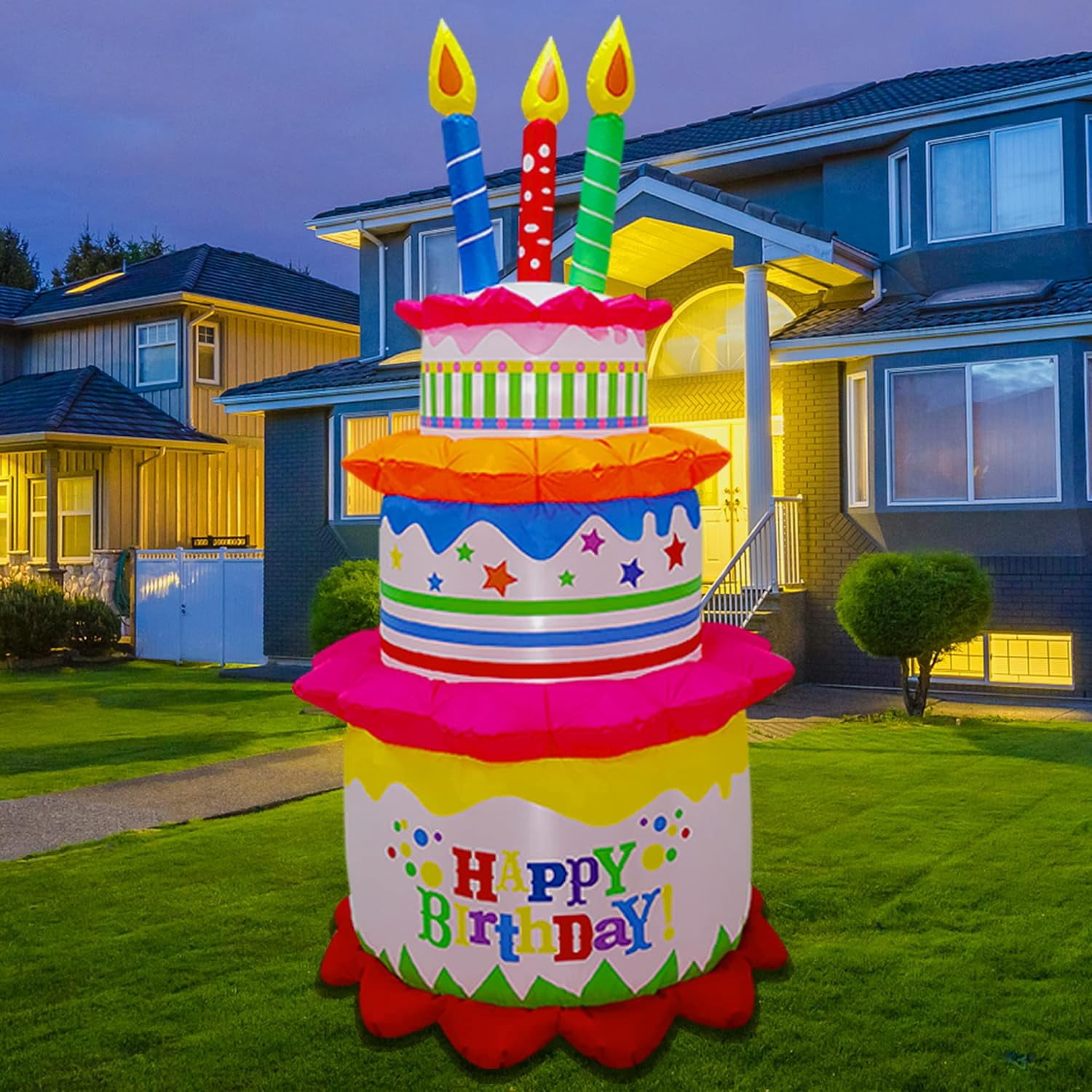 Garnen 6Ft Inflatable Happy Birthday Decorations Balloons For Kids, LED Happy Birthday Cake, Birthday Sign Balloons, Outdoor Theme Party