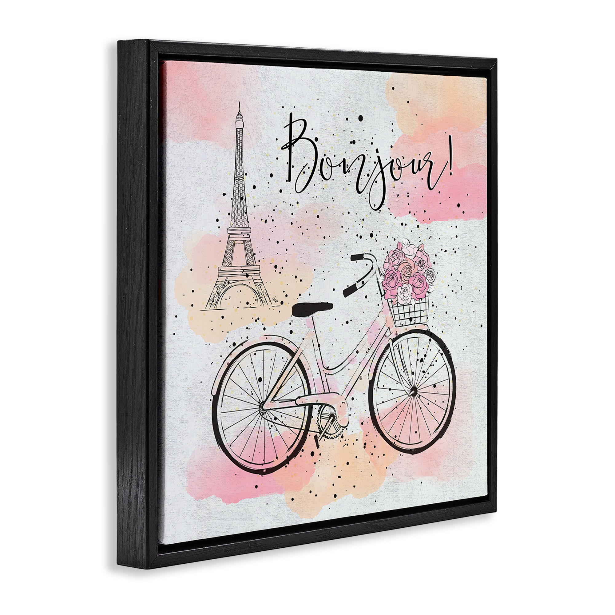 Stupell Industries Bonjour Paris & Bicycle Town & City Painting Black Floater Framed Art Print Wall Art, 18 x 18