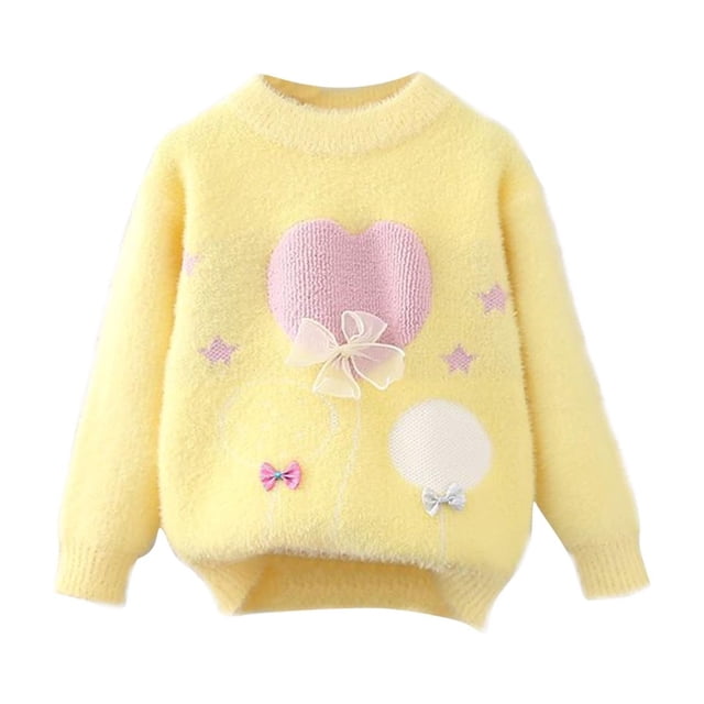 Chandail pour Bébé Fille Col Rond Manches Longues Imprimé Dessin Animé Tricot Automne Hiver Chandail en Molleton Jaune