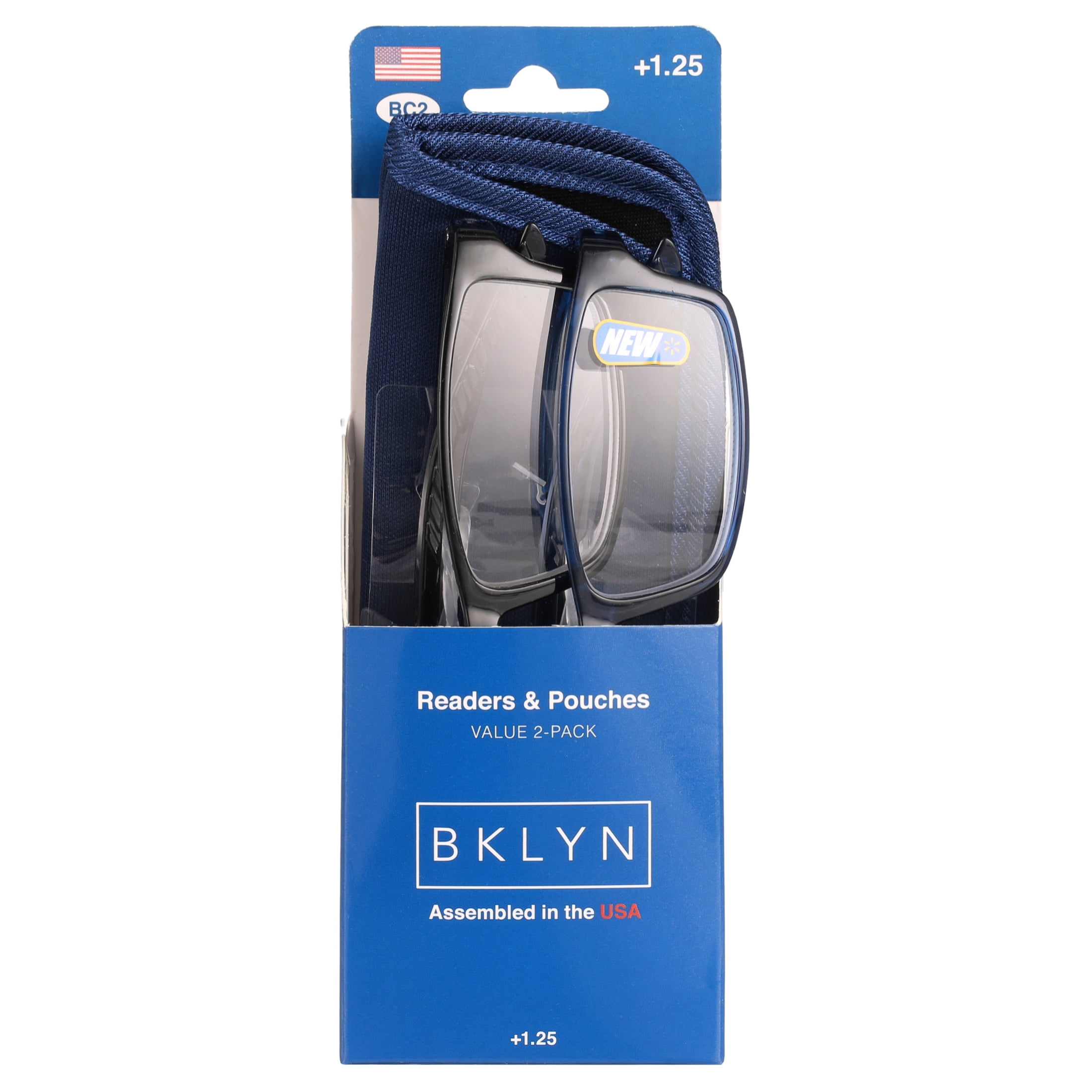 Bklyn, Windsor +1.25, Adult, Unisex, Plastic Reading Glasses & Pouches Value Pack , 2 Ea