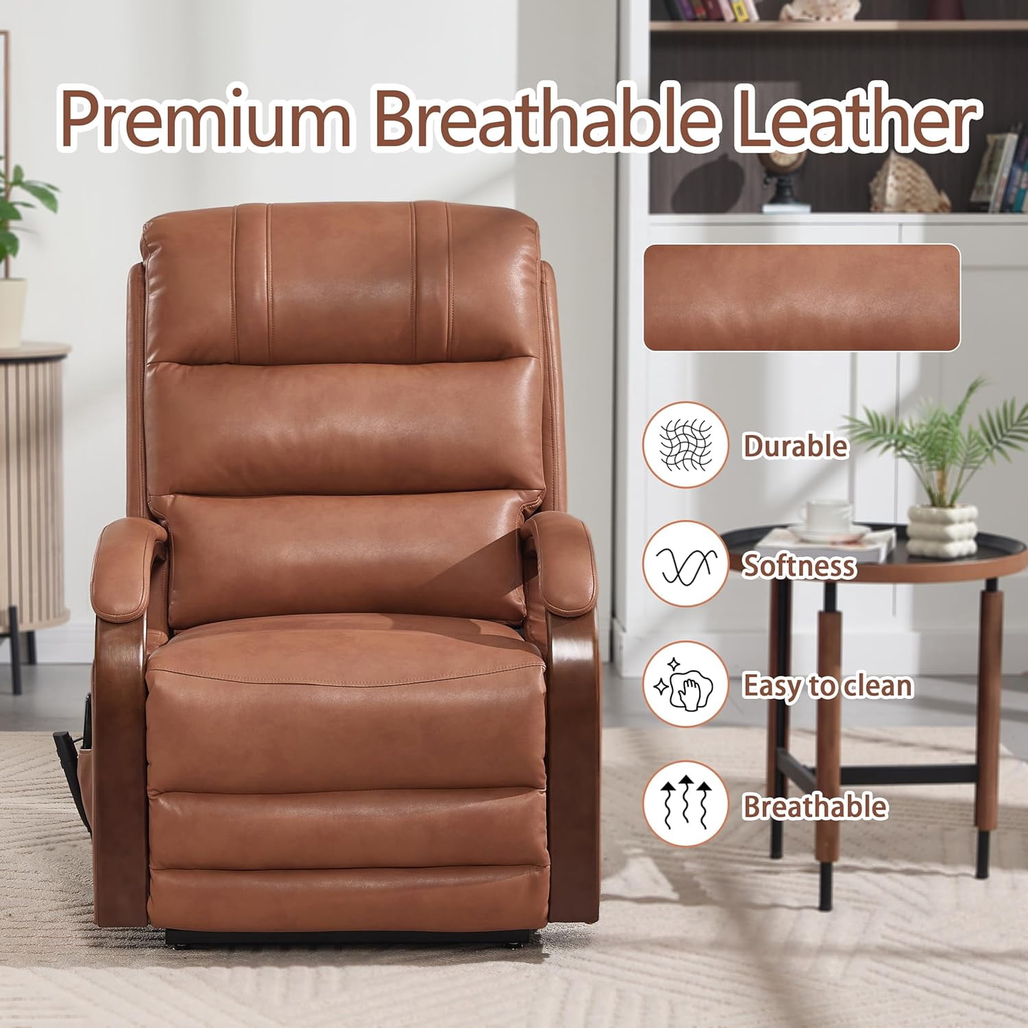 Power Lift Recliner Chair for Elderly People, Dual Motor Lift Chair with Vibration Massage and Heat, Lay Flat Recliner with Solid Wood Armrest, Standing Assistance Reclining, Faux Leather