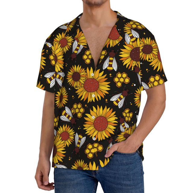 Fotbe Sunflowers And Bww Camisa Estampada de Manga Corta para Hombre, Casual de Verano, Estilo Playero, Sin Arrugas-3X-Large