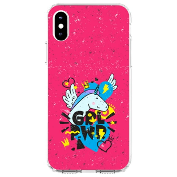 DistinctInk Clear Shockproof Hybrid Case for iPhone X / XS (5.8" Screen) - TPU Bumper, Acrylic Back, Tempered Glass Screen Protector - Girl Power - GRL PWR - Unicorn Hearts Graffiti
