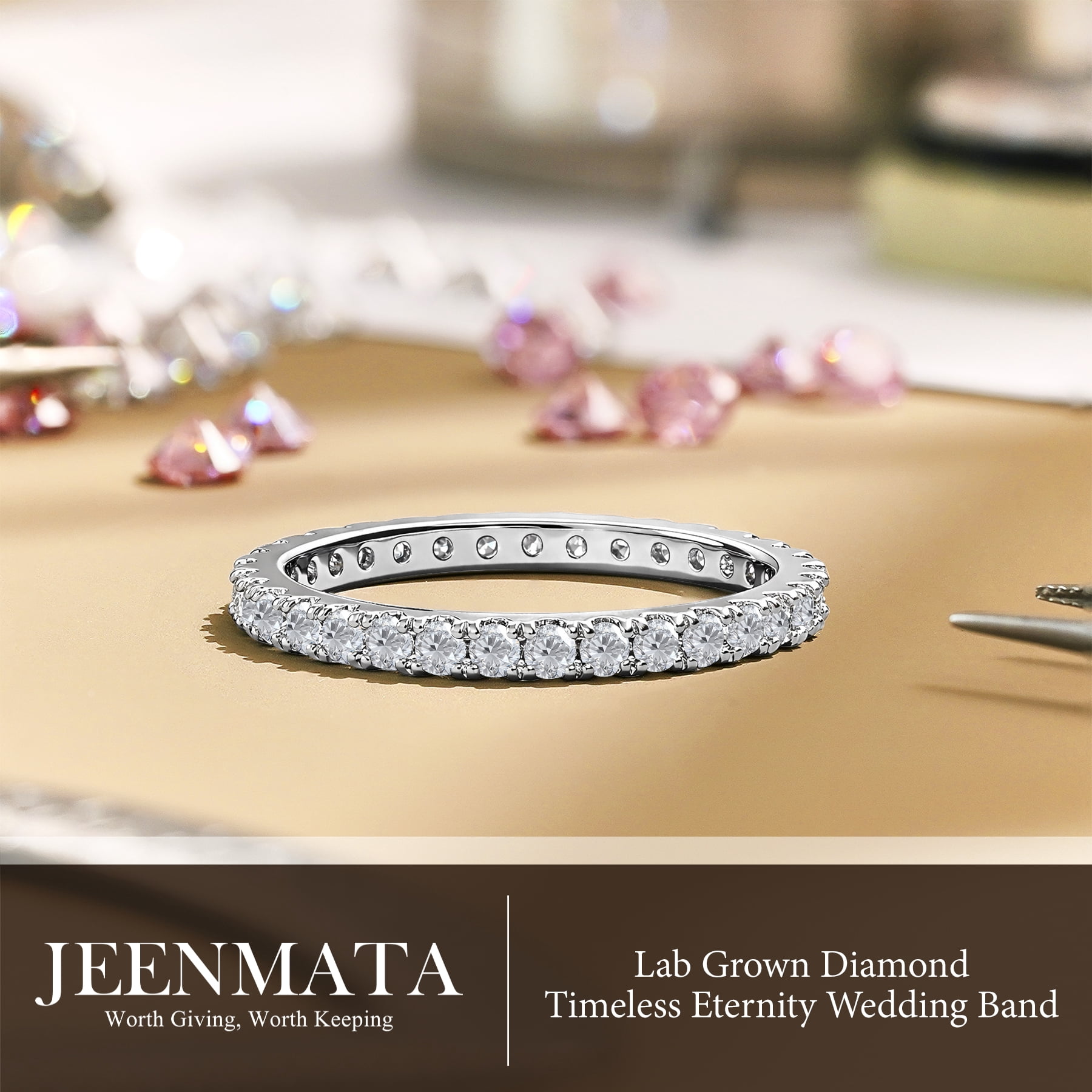JeenMata Lab Grown Diamond Eternity Ring - Timeless Promise Gift for Women - in 18K White Gold Plating Wedding Rings