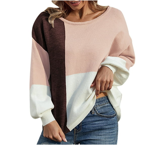 Aoochasliy Womens Sweaters Pullover Clearance Trendy Color Matching Pullover Round-Neck Sweater