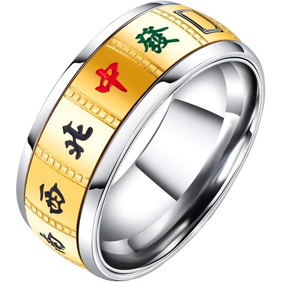 Jiaoiudi Unisex Stainless Steel Creative Chinese Mahjong Design Spinner Ring Good Luck Rings Band for Men Women