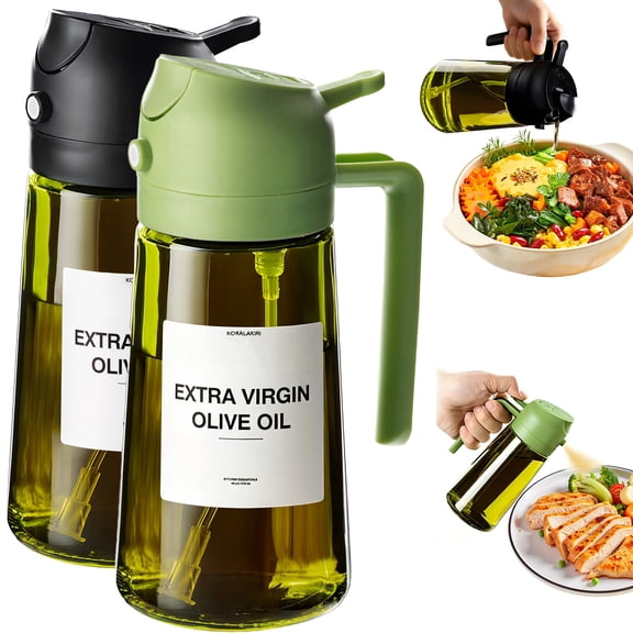 KORALAKIRI 2 in 1 Oil Sprayer for Cooking, 16oz/470ml Glass Food-grade Olive Oil Spray Bottle Dispenser Mister Spritzer with Pourer for Kitchen, Salad, Frying, BBQ (Black & Green)