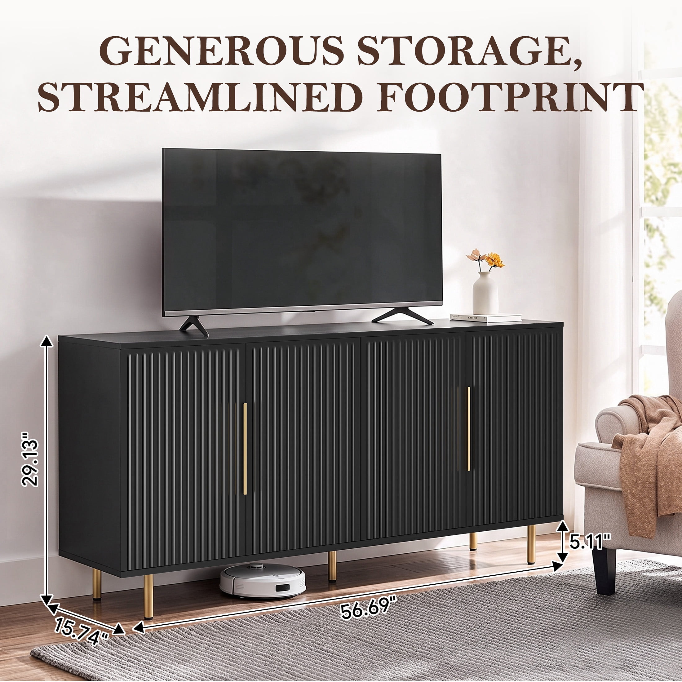 PORKISS Sideboard Buffet Cabinet with Storage, Fluted Credenza Cabinet with Gold Handles, Modern Console Table with Adjustable Shelves for Living Room, Dining Room, Black