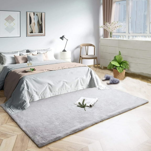 Latepis Faux Fur Rug 4x6, Faux Rabbit Rug for Living Room, Fluffy Washable Faux fox fur Rug for Bedroom, Nursery, Teen Bedroom Decor, Grey Sheepskin Rug, Rectangle