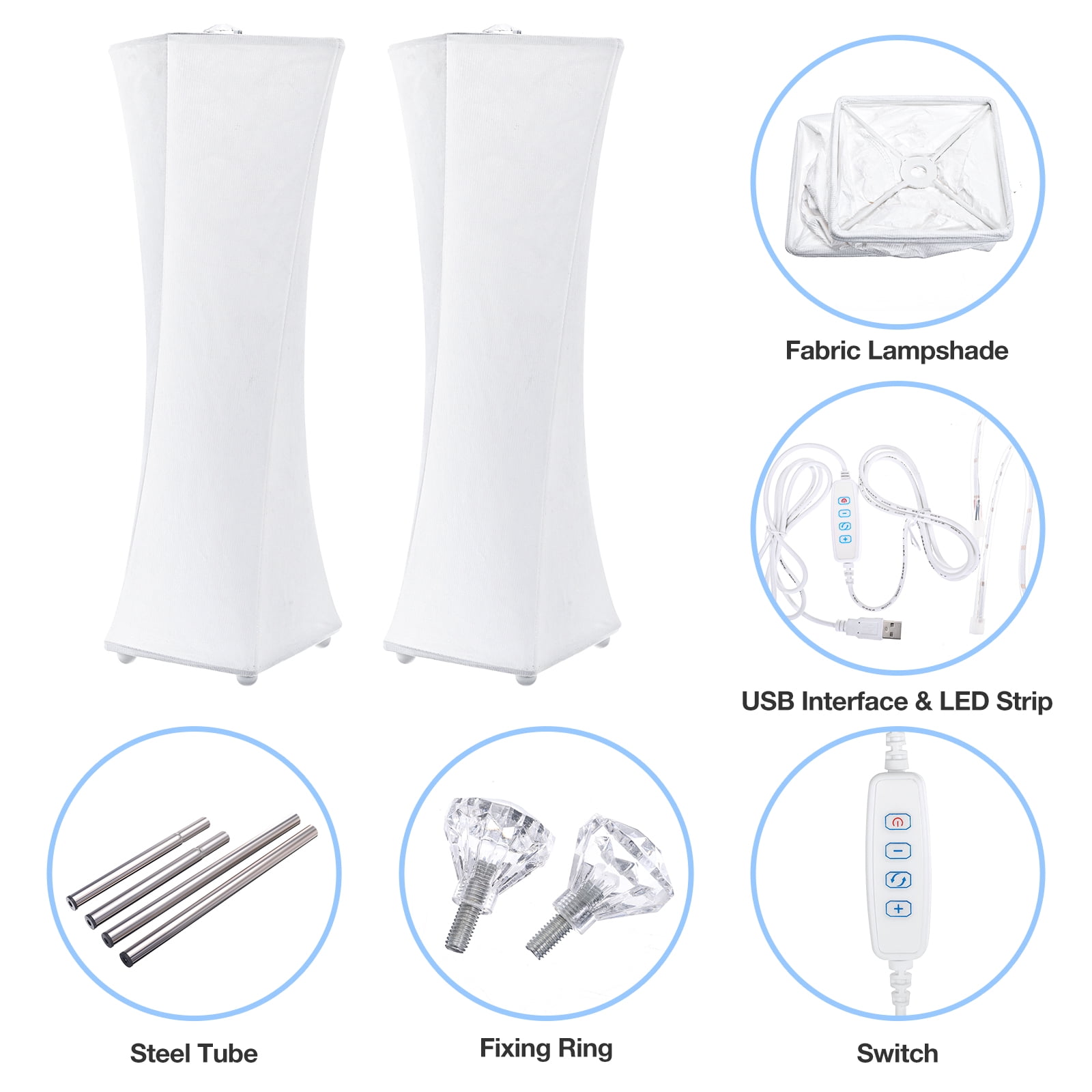 Set of 2 Fabric Table Lamp, Modern Dimmable Nightstand Lamp Bedside Desk Lamp, With Shade & LED Strip, For Bedroom Living Room, USB Interface