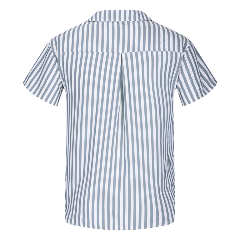 Ryrjj Men's Casual Classic Fit Striped Dress Shirts Short Sleeve Button-Up Turndown Collar Cotton Shirt(Light Blue,L)