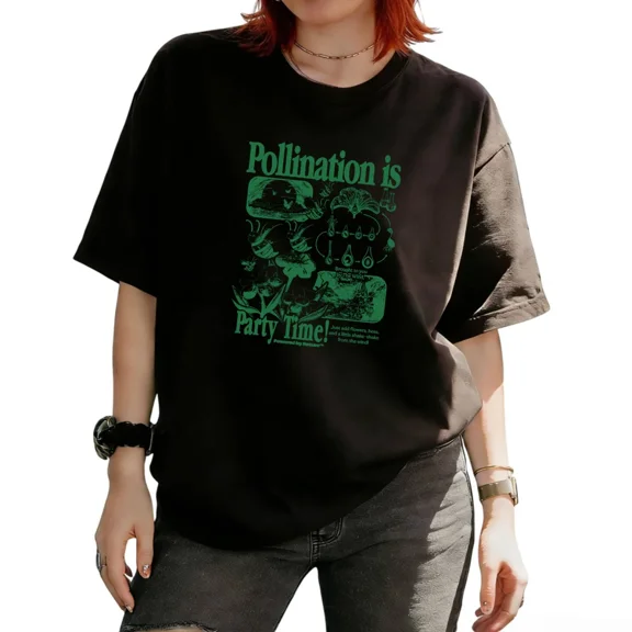 Cozymy Women's Pollination Is Party Time Bee Botanical Vintage Graphic Short Sleeve T‑Shirt Nature Lover Humor Tees