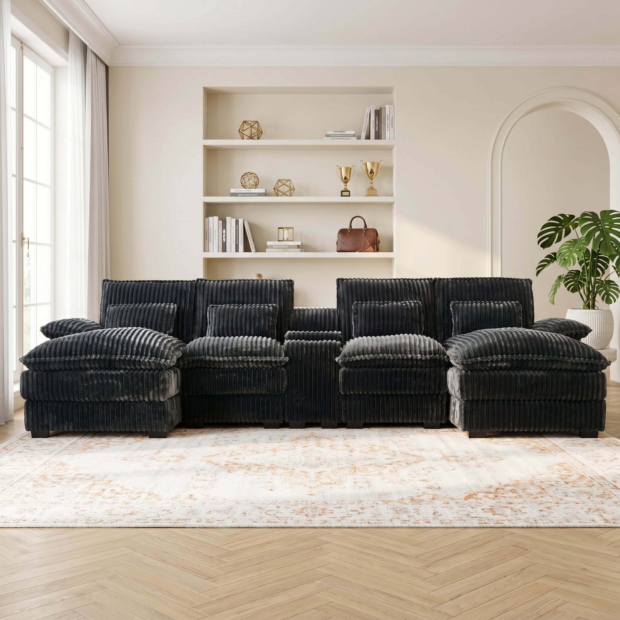 ANPPORT Luxury 124" U Shaped Cloud Modular Sectional Sofa, Corduroy Deep Seat Couch with Storage Console, USB Ports & Cup Holders for Living Room, Grey