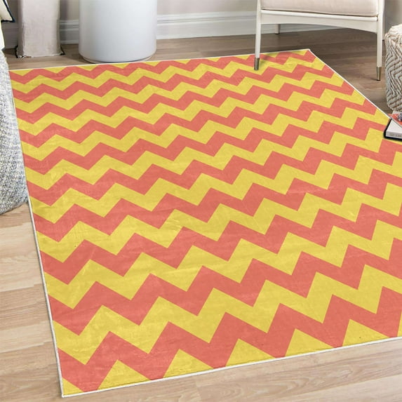 Chevron Decorative Rug, Abstract Geometric Horizontal Repeated Zigzag Wavy Angular Stripes Pattern, Quality Carpet for Bedroom Dorm and Living Room, 6 Sizes, Mustard Coral, by Ambesonne