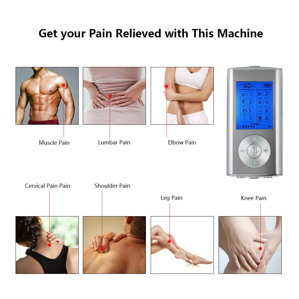 Tens 15 Modes & 4 Outputs 8 Pads for Natural Pain Electric Pulse Impulse Massager Machine Portable Electrotherapy Machine, Size: 21.7, Silver