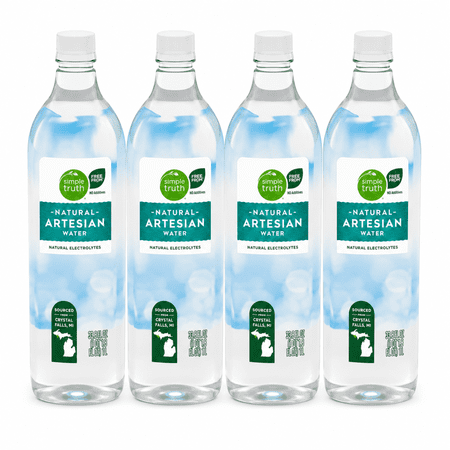 Simple Truth Natural Artesian Water with Natural Electrolytes, 33.8 fl oz Bottles, 4 Pack, Purified Drinking Water