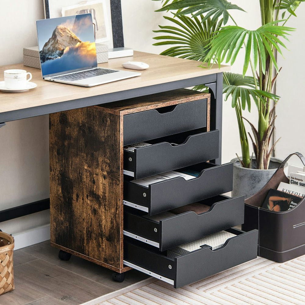 Spaco 5 Drawer Mobile Lateral Filing Storage Home Office Floor Cabinet with Wheels-Rustic Brown, Craft Organizers and Storage, Multipurpose Organizer Cart for Home, Office, School