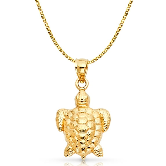 14K Yellow Gold Turtle Charm Pendant with 1.7mm Flat Open Wheat Chain Necklace - 20"