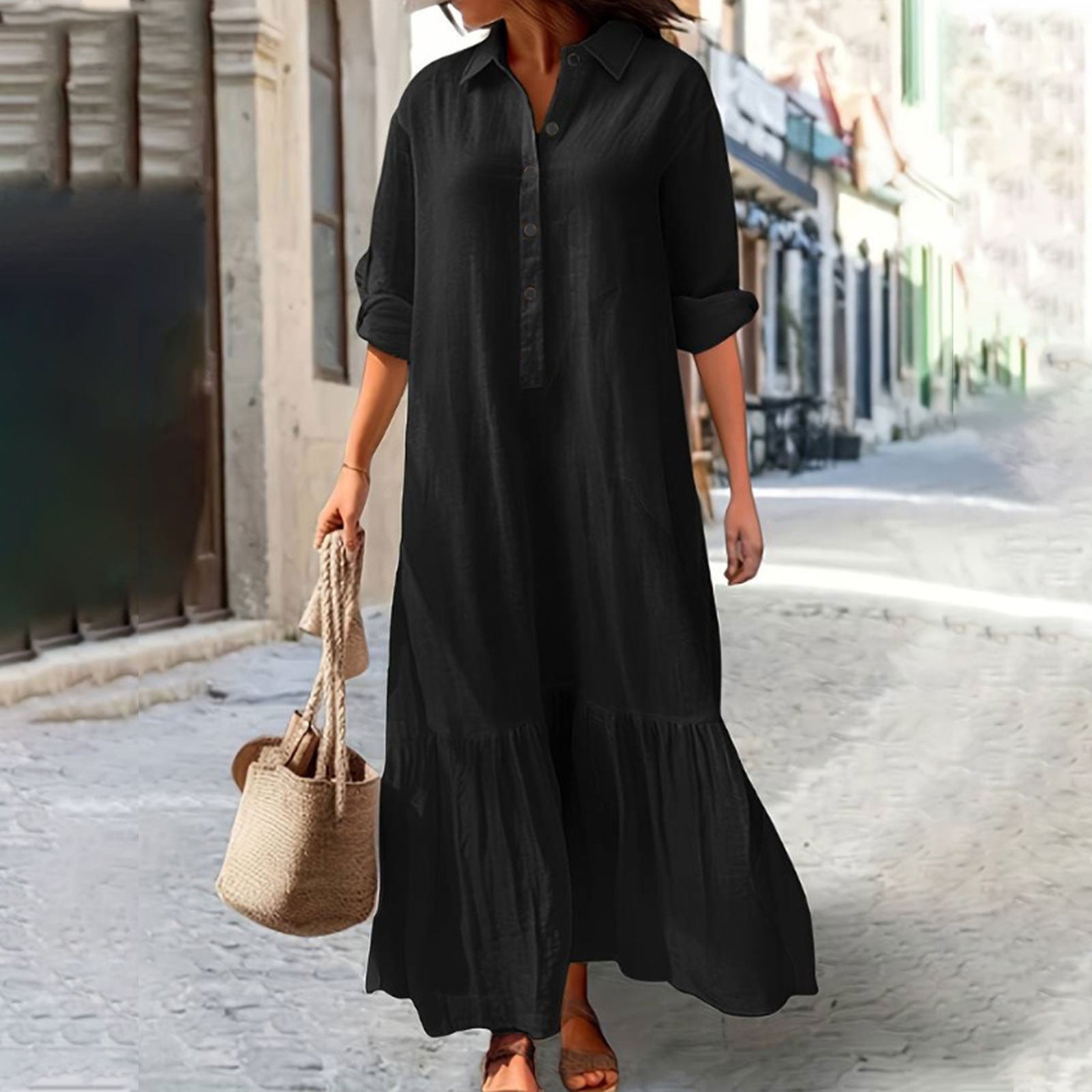 Women Cotton Linen Long Sleeve Button Lapel Maxi Shirt Dress Plus-size Layered Ruffled Hem Dress for Daily Wear