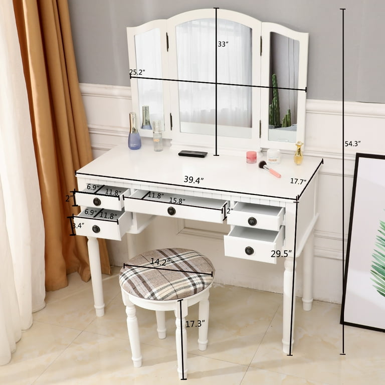Roman Style Dresser Three Fold Square Mirror Dressing Table with Drawers Stool