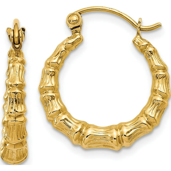 14K Yellow Gold Polished Bamboo Design Hollow Hoop Earrings (11 X 2) Made In Indonesia s824