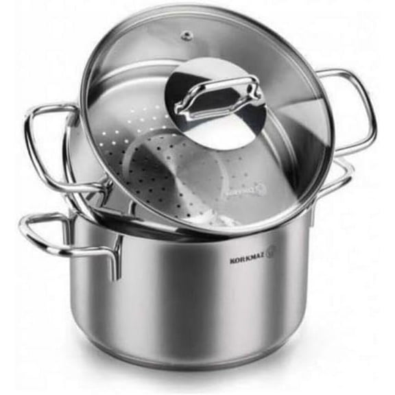 Korkmaz Perla Stainless Steel Steamer Cooking Pot Cooker Double Boiler Stack Insert with Glass Lid, 5-Quart, a1522