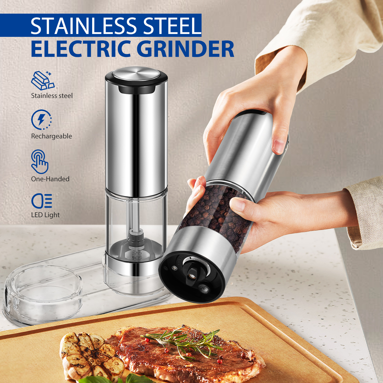 Electric Salt and Pepper Grinder Set, Automatic Pepper Mill Grinder w/Charge Base,Adjustable Coarseness