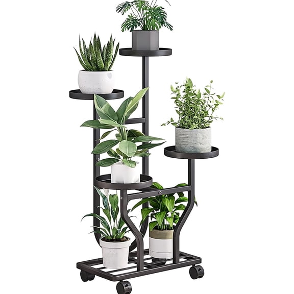 Plant Stand with Wheels, Black 4 Tier Metal Plant Shelf for Indoor Outdoor | Corner Plants Stand Indoor for Bedroom Living Room, Outdoor Plant Stand for Garden Balcony Yard, Holds 4-6 Pots of Plants
