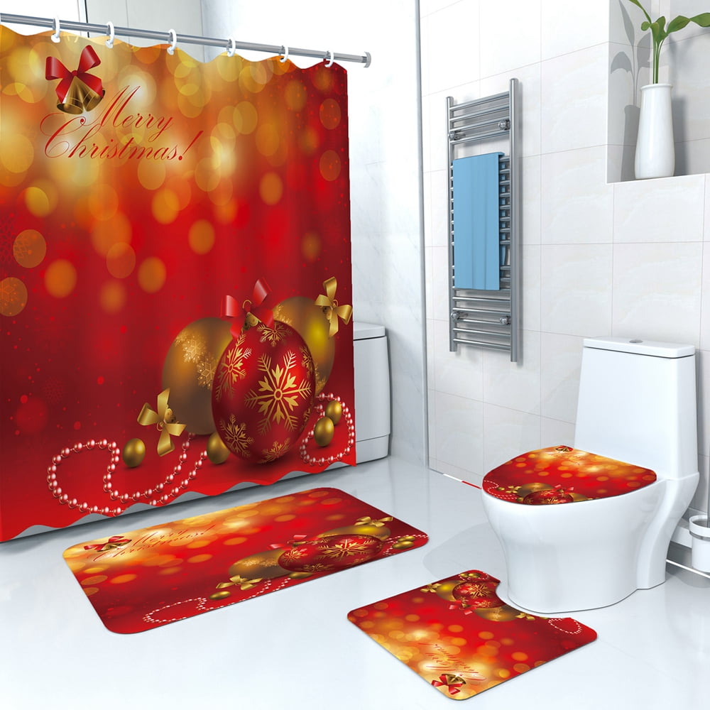 4 Pcs Christmas Shower Curtain Set with Rug, Farmhouse Shower Curtain