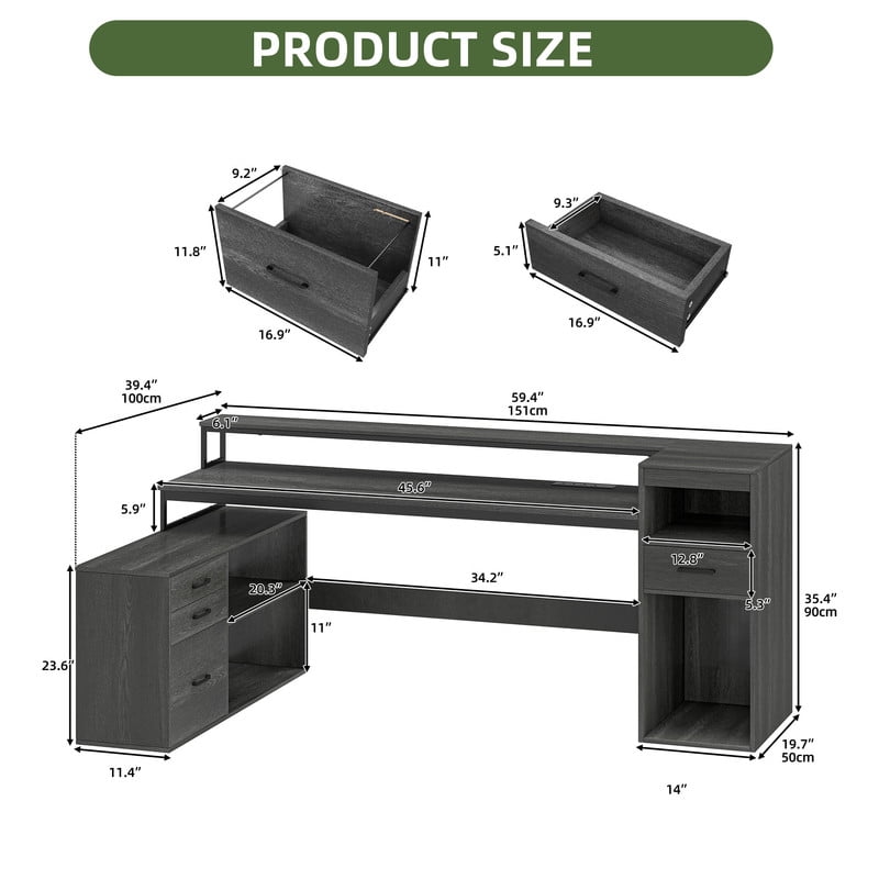 Uforic L Shaped Computer Desk, 59" Gaming Table with Power Outlet & LED Light & Monitor Stand for Home Office,Gray