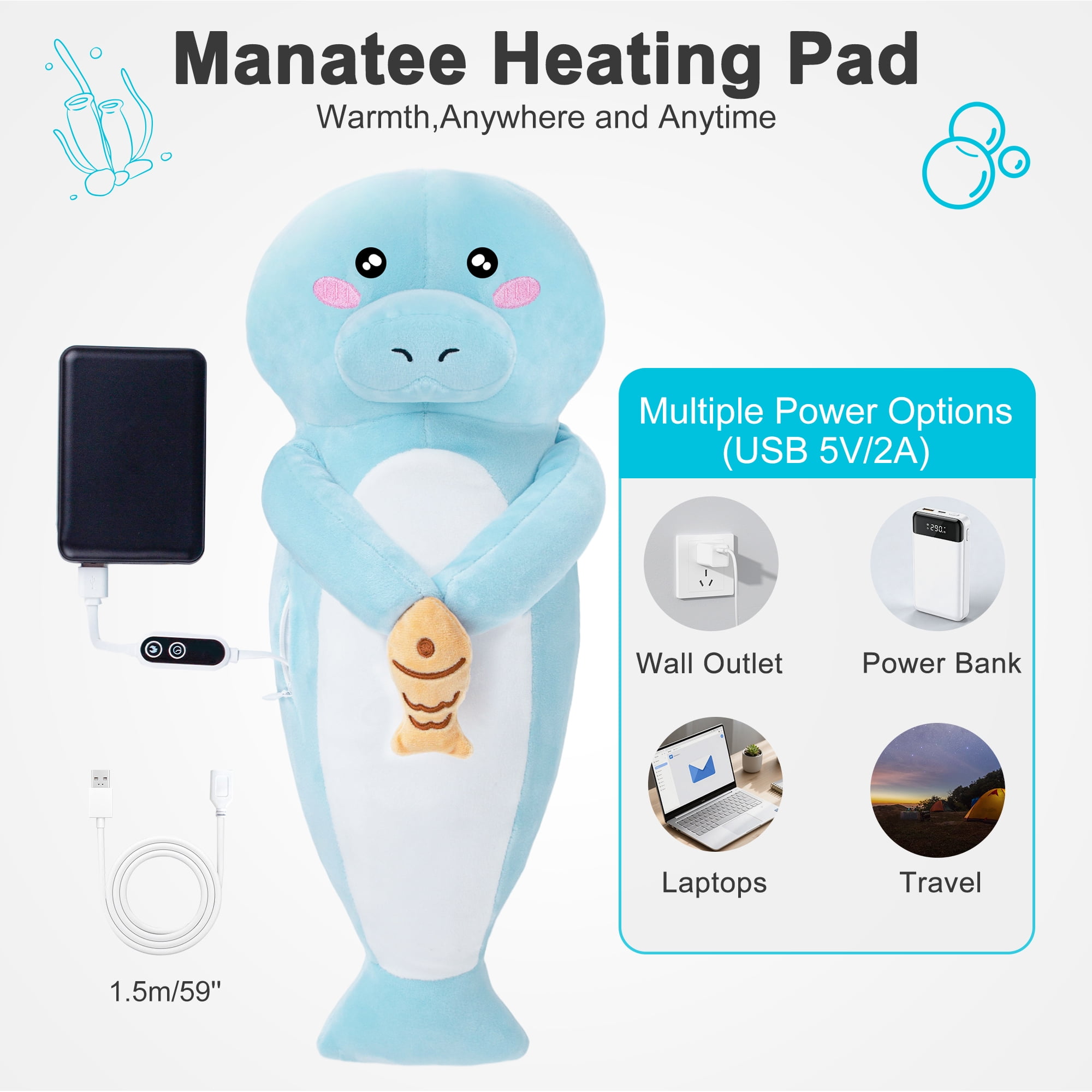 Manatee Heating Pad Plush for Period Cramps,Menstrual Pain Relief,Cute Stuffed Animal Electric Heat Plush,USB Powered Heated Toy,Portable Warm Cushion Gift for Women Teen Girls Christmas,Blue