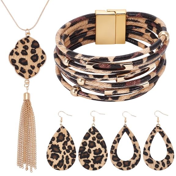 4 Set Leopard Print Jewelry Set Plam Leaf Pendant Necklace Winter Boho Teardrop Earrings Multi Layered Bracelets Necklace Bracelet Stylish Jewelry Set Christmas Day Jewelry for Women DIY