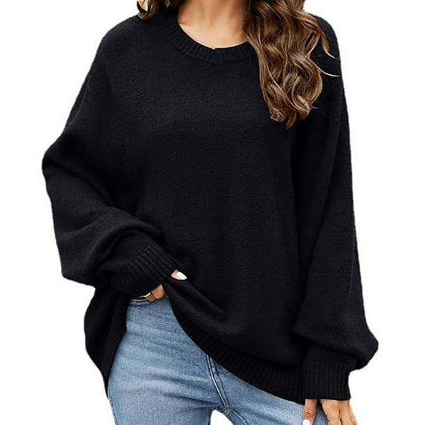 Gibobby Suéter térmico de manga larga Suéter informal holgado para mujer, cuello Rojoondo, manga larga, color sólido, tejido de punto (Negro, S)
