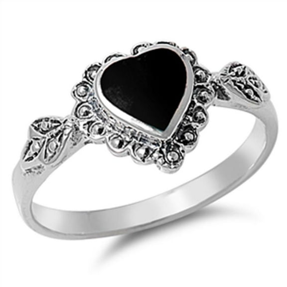 Sterling Silver Synthetic Onyx Heart Leaf Antique Ring Size 9