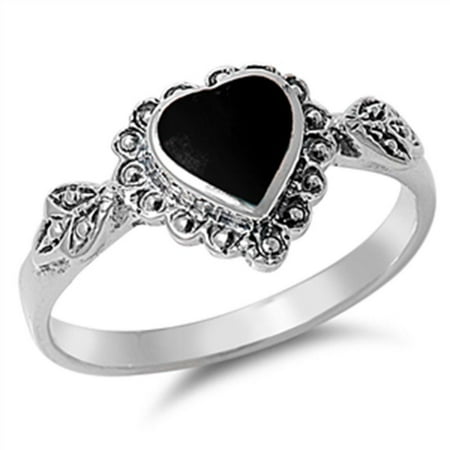 Synthetic Black Onyx - Sterling Silver Synthetic Onyx Heart Leaf Antique Ring Size 9