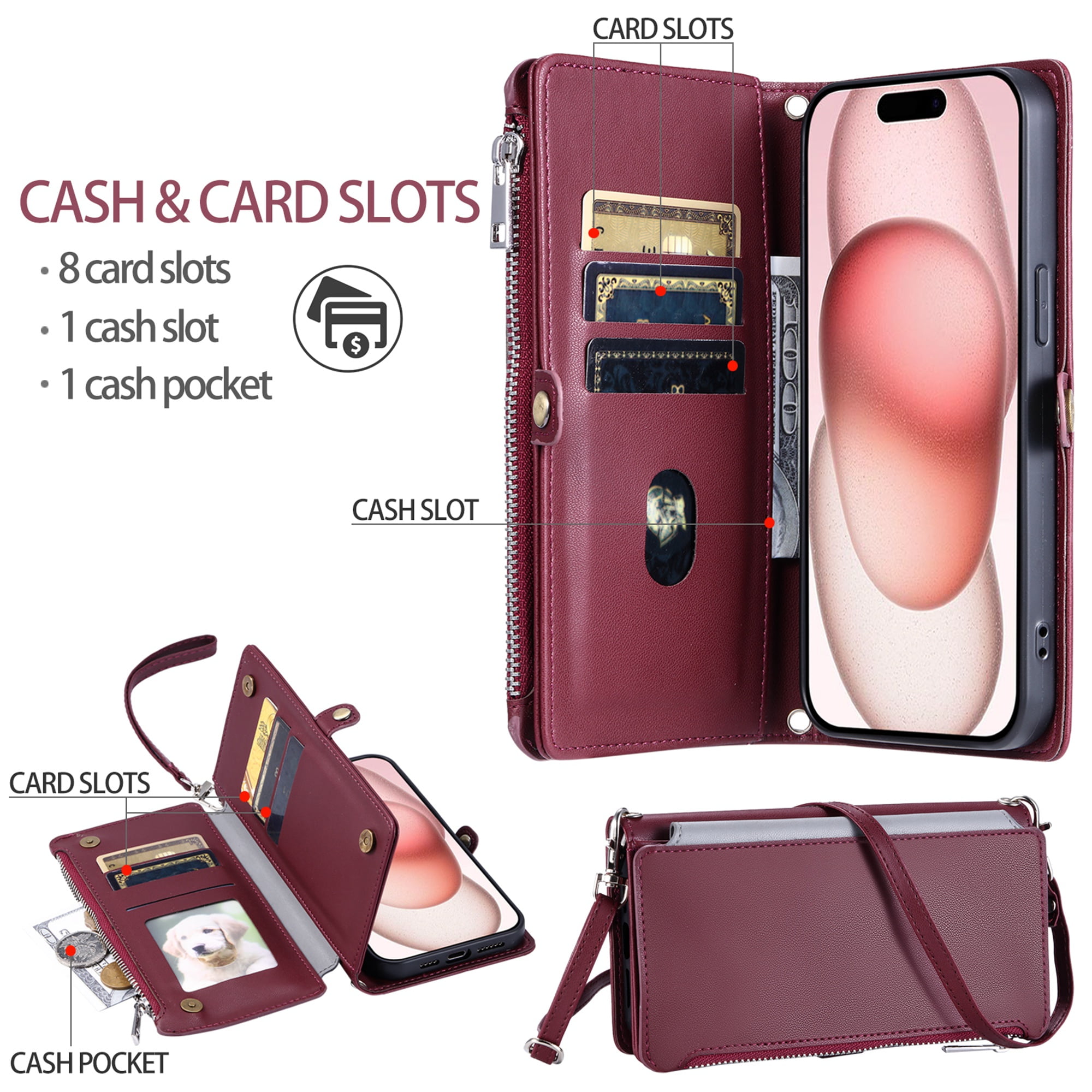 Dteck for iPhone 6s/6 Wallet Case, Crossbody Zipper Purse with Wrist for Women Men, 8-Card Slots Holder PU Leather Kickstand Flip Cover Phone Case,Winered