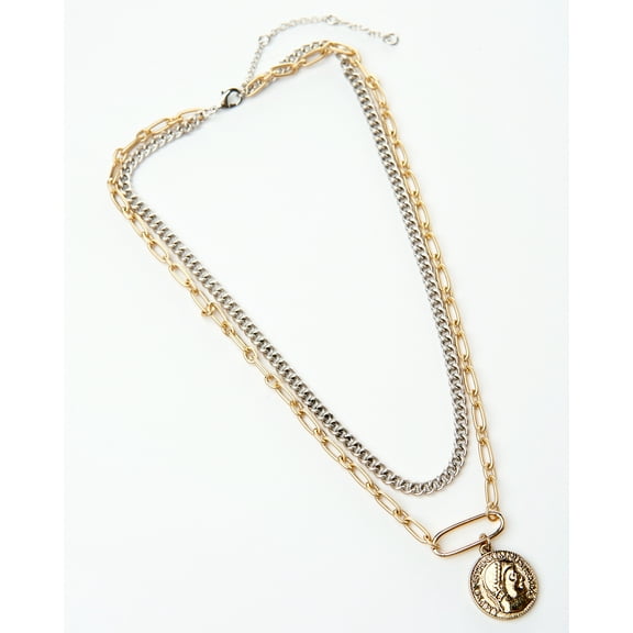 Two Tone Multi Chain Necklace with Coin Drop Pendant