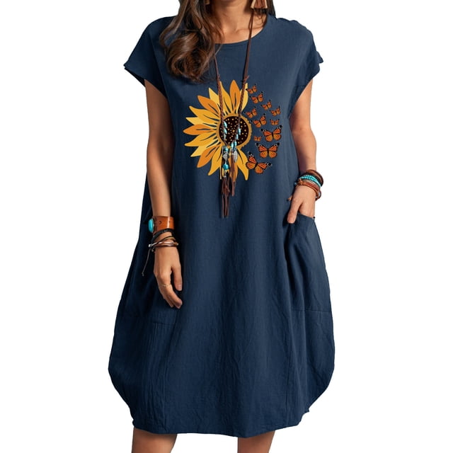 Pompotops Robe Décontractée Mode Femme Col Rond Imprimé Floral Grande Taille avec Poches en Solde