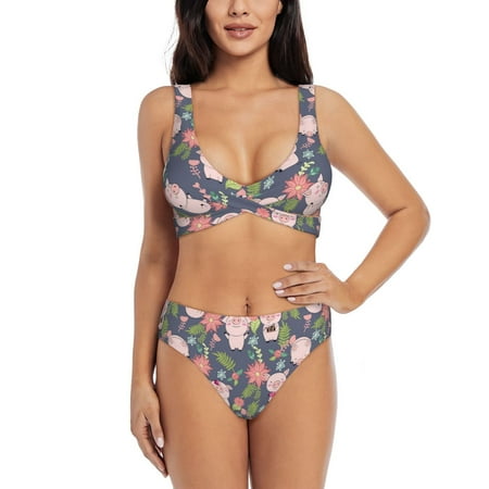 Zeuib Pigs 1 High Waisted Tummy Control Bikini Set - Knot Front Push Up Top & Cheeky Thong Bottom  Two-Piece Swimsuit for Women-Medium