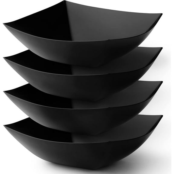 Black Plastic Serving Bowls for Party (64oz - 4 Pack) Square, Disposable & Fruit Bowls for Party Table, Candy Containers for Candy Buffet