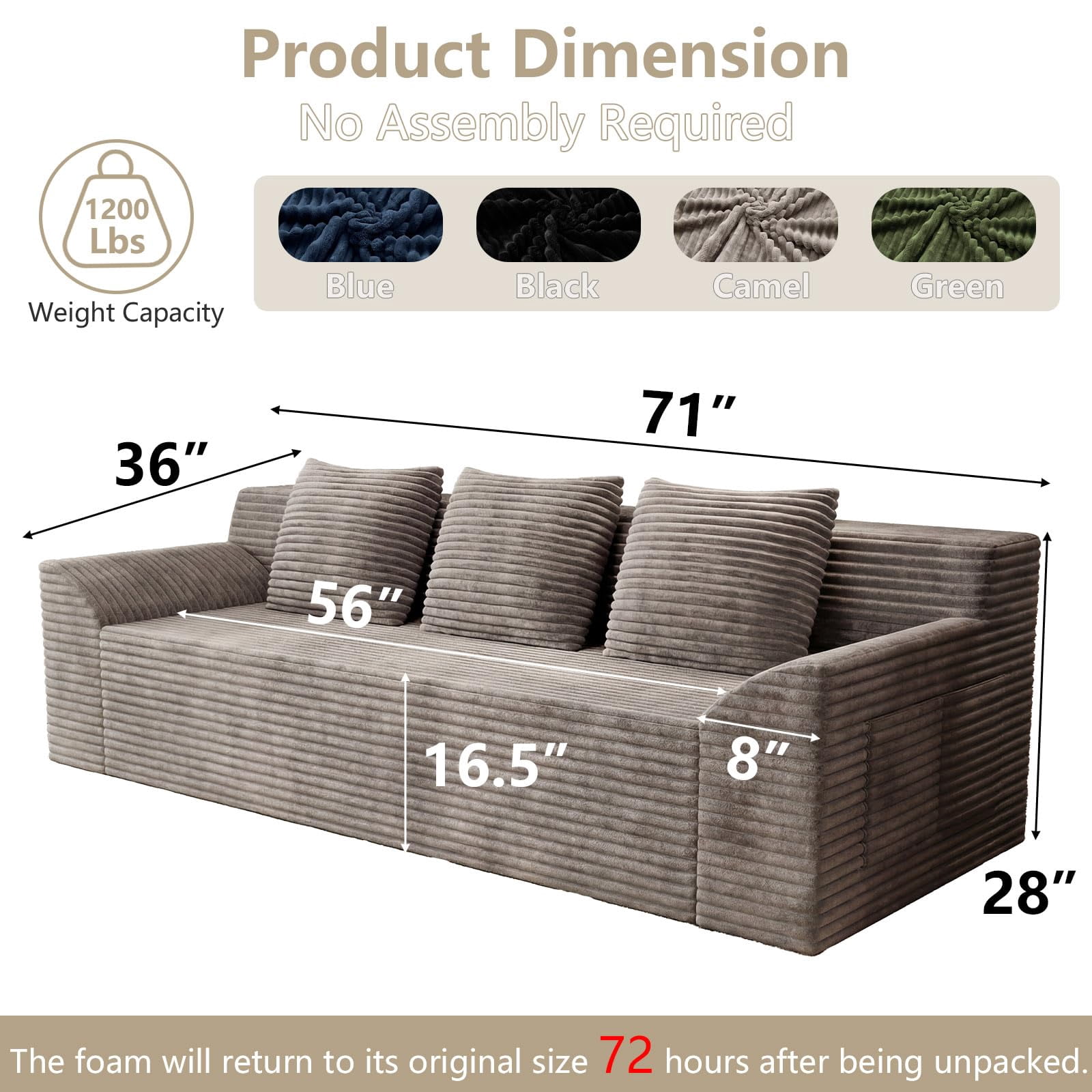 71" Corduroy Cloud Loveseat Sofa for Small Spaces, Memory Foam Boneless Couch in a Box, Compressed Small Loveseat for Living Room Bedroom Apartment, No Assembly Required