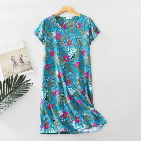 Texiao Women s Nightgown Women s Plus Size Cute Cartoon Home Clothes Knitted Cotton Sweet and Fat Short Sleeved Round Neck Pajamas  Cotton Underwear For Women  Blue Womens Cotton Underwear